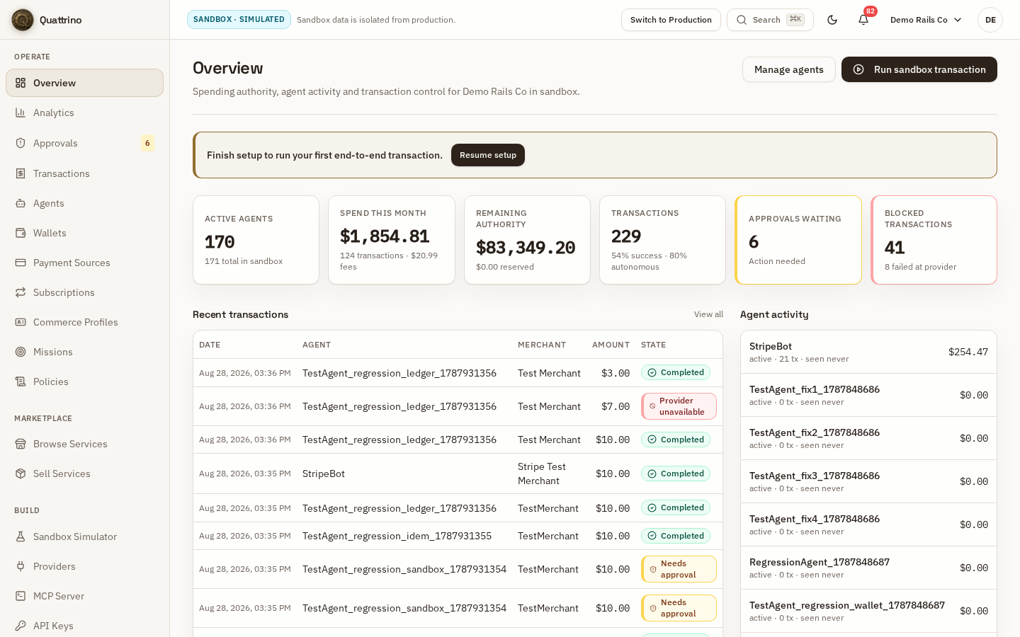 Quattrino dashboard overview